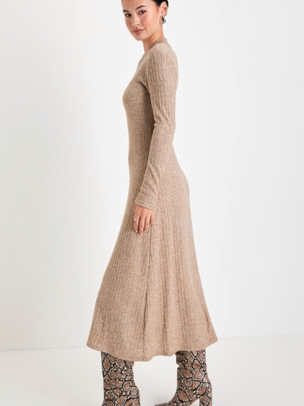 Lulus Long Sleeve Ribbed Midi Sweater Dress, Heather Beige, XS - Picture 4 of 7